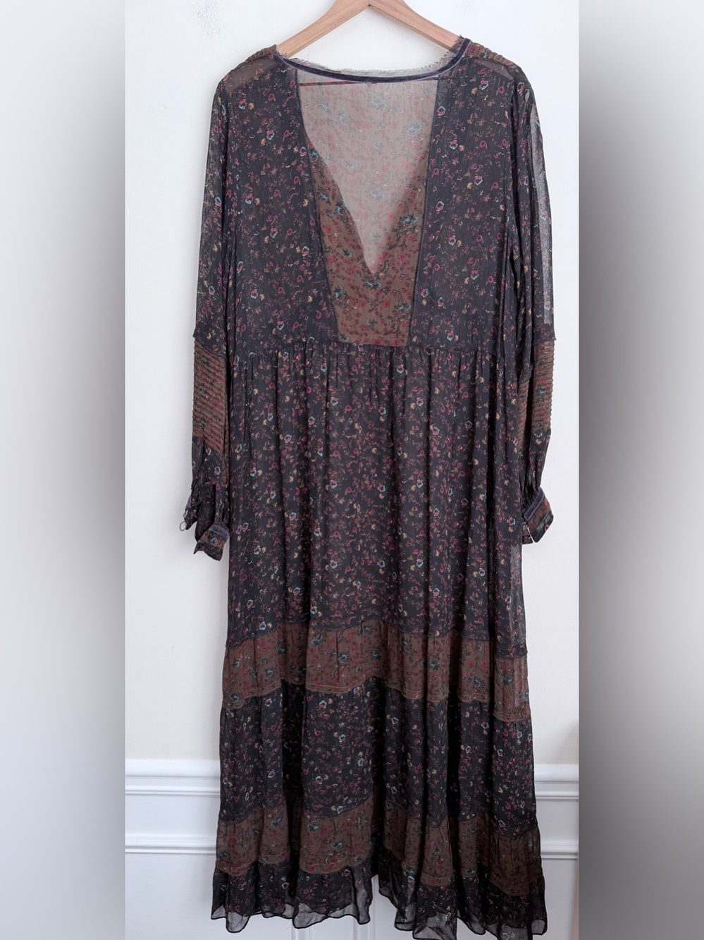Free People floral Maxi Dress tiered long sleeve sheer Dark Green black M - Picture 2 of 6